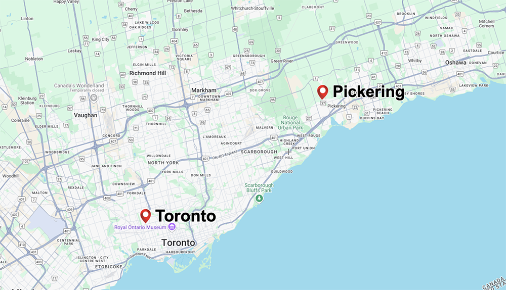 Map showing real estate photography service coverage in the Greater Toronto Area (GTA) and Durham Region, including aerial drone photography, virtual tours, and video services.